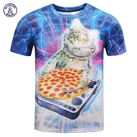 Mr.1991INC Hip Hop street wear T-shirt men/women 3d t shirt print lighting DJ cat eating pizza summer tops tees cool tshirt