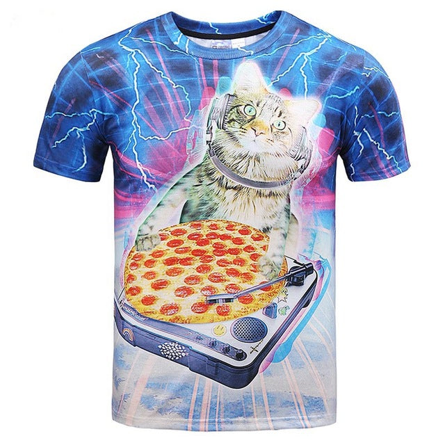 Mr.1991INC Hip Hop street wear T-shirt men/women 3d t shirt print lighting DJ cat eating pizza summer tops tees cool tshirt