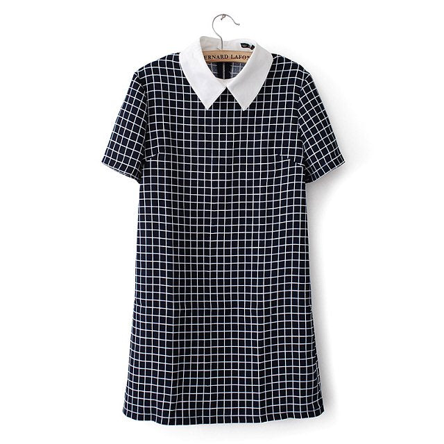 Women casual plaid dresses swallow check Turn-down collar short sleeve straight dress white collor Work Wear Female Dress QZ735