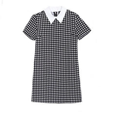 Women casual plaid dresses swallow check Turn-down collar short sleeve straight dress white collor Work Wear Female Dress QZ735