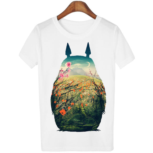 Peach Blossom Totoro Summer 2016 T Shirt Women Casual Fashion Cartoon White Top Tee 3D Print Plus Size Clothing