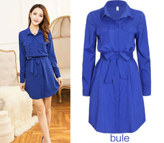 Women Shirt Dress Ladies Office Dresses 2017 Fashion Korean Style Women Dress Chiffon Pocket Bow Belt Autumn Clothes Casual Wear