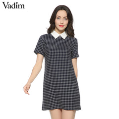 Women casual plaid dresses swallow check Turn-down collar short sleeve straight dress white collor Work Wear Female Dress QZ735