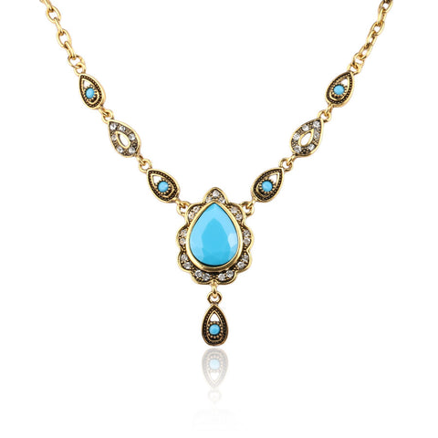 Yunkingdom Ethnic Turkish style Necklaces for Women Vintage Gold Color Water Drop Resin Pendant &Necklace Women Jewelry Wholes