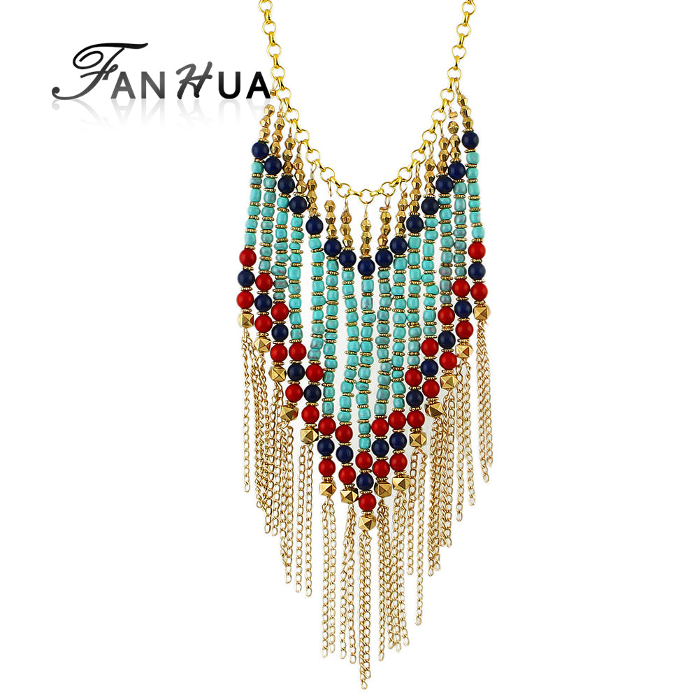 FANHUA  Bohemian Style Long Gold-Color Chain with Colorful Beads Tassel Pendant Necklace Women Jewelry