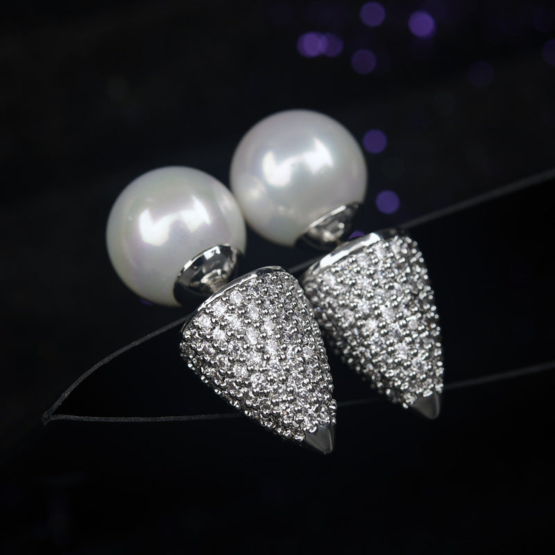 1891492 Fine Pearl Ball Cone Design Ear Stud Double Side AAA CZ Stone Stud Earrings Wedding Brand Jewelry  For Women Girl Gift