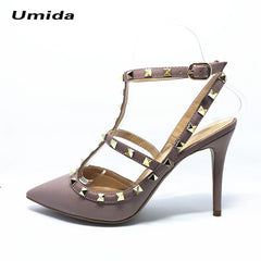 Umida Brand Women Pumps Pointed Toe High Heels Fashion Women Shoes Rivets Pumps Genuine Leather Ankle Strap High Heel Shoes33-43