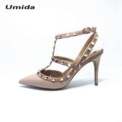 Umida Brand Women Pumps Pointed Toe High Heels Fashion Women Shoes Rivets Pumps Genuine Leather Ankle Strap High Heel Shoes33-43