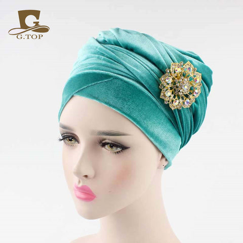 New women luxury hijab velvet Turban Head Wrap Extra Long  velour tube Headwrap Scarf Tie with jewelry  brooch