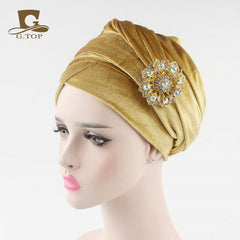 New women luxury hijab velvet Turban Head Wrap Extra Long  velour tube Headwrap Scarf Tie with jewelry  brooch