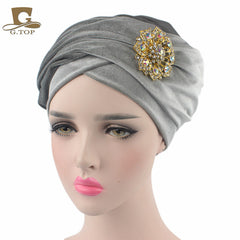 New women luxury hijab velvet Turban Head Wrap Extra Long  velour tube Headwrap Scarf Tie with jewelry  brooch