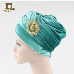 New women luxury hijab velvet Turban Head Wrap Extra Long  velour tube Headwrap Scarf Tie with jewelry  brooch