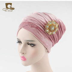 New women luxury hijab velvet Turban Head Wrap Extra Long  velour tube Headwrap Scarf Tie with jewelry  brooch