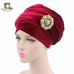 New women luxury hijab velvet Turban Head Wrap Extra Long  velour tube Headwrap Scarf Tie with jewelry  brooch