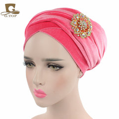 New women luxury hijab velvet Turban Head Wrap Extra Long  velour tube Headwrap Scarf Tie with jewelry  brooch