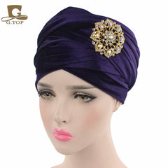 New women luxury hijab velvet Turban Head Wrap Extra Long  velour tube Headwrap Scarf Tie with jewelry  brooch