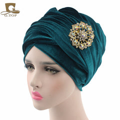 New women luxury hijab velvet Turban Head Wrap Extra Long  velour tube Headwrap Scarf Tie with jewelry  brooch