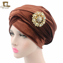 New women luxury hijab velvet Turban Head Wrap Extra Long  velour tube Headwrap Scarf Tie with jewelry  brooch