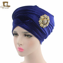 New women luxury hijab velvet Turban Head Wrap Extra Long  velour tube Headwrap Scarf Tie with jewelry  brooch