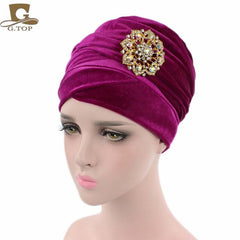 New women luxury hijab velvet Turban Head Wrap Extra Long  velour tube Headwrap Scarf Tie with jewelry  brooch