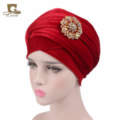 New women luxury hijab velvet Turban Head Wrap Extra Long  velour tube Headwrap Scarf Tie with jewelry  brooch