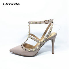 Umida Brand Women Pumps Pointed Toe High Heels Fashion Women Shoes Rivets Pumps Genuine Leather Ankle Strap High Heel Shoes33-43