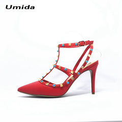 Umida Brand Women Pumps Pointed Toe High Heels Fashion Women Shoes Rivets Pumps Genuine Leather Ankle Strap High Heel Shoes33-43