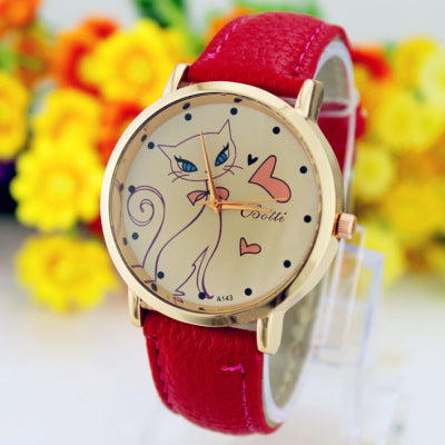 Relogio feminino luxo de Fashion Women PU Leather Strap Analog Quartz Wrist Ladies Watch Cute Cat watches Clock Casual Dress