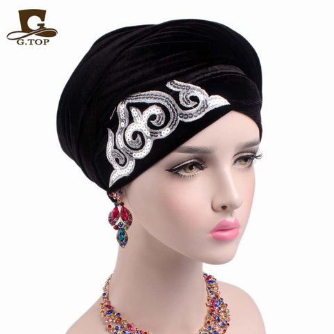 New Women Gorgeous Embellished Sequined Long Velvet Turban Hijab Headscarf Luxurious Head Wraps Ladies Turbante