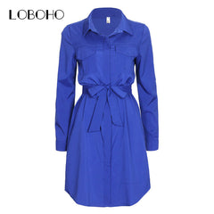 Women Shirt Dress Ladies Office Dresses 2017 Fashion Korean Style Women Dress Chiffon Pocket Bow Belt Autumn Clothes Casual Wear