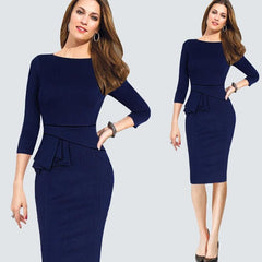 Elegant Women Work Wear Business Dress Plus Size Three Quarter Sleeve Slim Fitted Bodycon Casual Office Peplum Ladies Dress B228