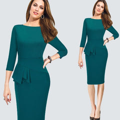 Elegant Women Work Wear Business Dress Plus Size Three Quarter Sleeve Slim Fitted Bodycon Casual Office Peplum Ladies Dress B228