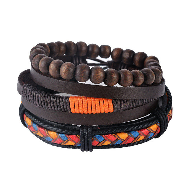 MJARTORIA Multilayer Leather Bracelets For Women Wood Bead Bracelet Men Casual Fashion Braided Punk Rock Unisex Jewelry