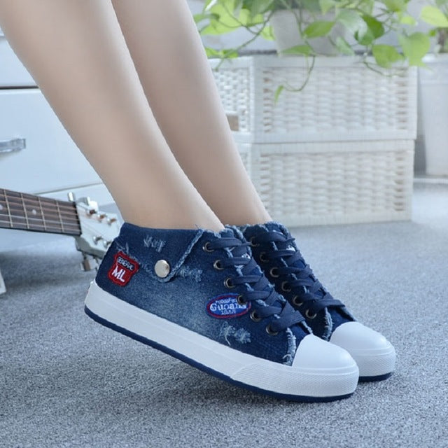 Shoes Women 2017 Sping Autumn Denim Casual Shoes Lace-Up Women's Fashion Flats High Top Canvas Shoes Woman Flat Shoes