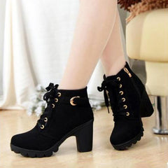 2017 New Autumn Winter Women Boots High Quality Solid Lace-up European Ladies shoes PU Fashion high heels Boots