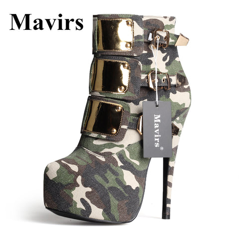 Mavirs 2017 Metal Camouflage Round Toe Ankle Boots Plus Size Women Pumps Platform High Heels Boots Stiletto Bride Party Shoes