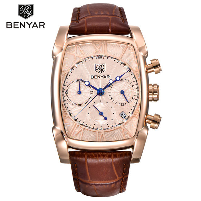 BENYAR Classic Rectangle Case Fashion Sport Chronograph Men's Watches Waterproof 30M Genuine Leather Strap Luxury Quartz Watch