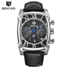 BENYAR Classic Rectangle Case Fashion Sport Chronograph Men's Watches Waterproof 30M Genuine Leather Strap Luxury Quartz Watch