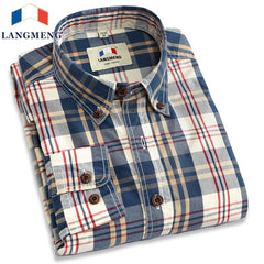 Langmeng new 2017 autumn spring mens plaid casual shirts long sleeve 100% cotton dress shirt men retro style camiseta masculina