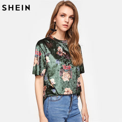 SHEIN Flower Print Velvet T-shirt Green Floral T shirts Women 2017 Summer Crew Neck Short Sleeve 2017 Woman Tops