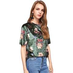 SHEIN Flower Print Velvet T-shirt Green Floral T shirts Women 2017 Summer Crew Neck Short Sleeve 2017 Woman Tops