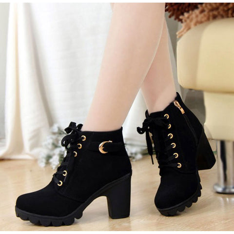 2017 New Autumn Winter Women Boots High Quality Solid Lace-up European Ladies shoes PU Fashion high heels Boots