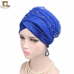 2017 New Women Luxury Gold Beaded velvet  Mesh Long Head Wrap Turban Hijab Long Tube Head Scarf Tie Headscarf Ladies Turbante