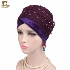 2017 New Women Luxury Gold Beaded velvet  Mesh Long Head Wrap Turban Hijab Long Tube Head Scarf Tie Headscarf Ladies Turbante