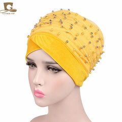 2017 New Women Luxury Gold Beaded velvet  Mesh Long Head Wrap Turban Hijab Long Tube Head Scarf Tie Headscarf Ladies Turbante