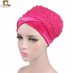 2017 New Women Luxury Gold Beaded velvet  Mesh Long Head Wrap Turban Hijab Long Tube Head Scarf Tie Headscarf Ladies Turbante