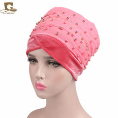 2017 New Women Luxury Gold Beaded velvet  Mesh Long Head Wrap Turban Hijab Long Tube Head Scarf Tie Headscarf Ladies Turbante