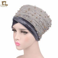 2017 New Women Luxury Gold Beaded velvet  Mesh Long Head Wrap Turban Hijab Long Tube Head Scarf Tie Headscarf Ladies Turbante