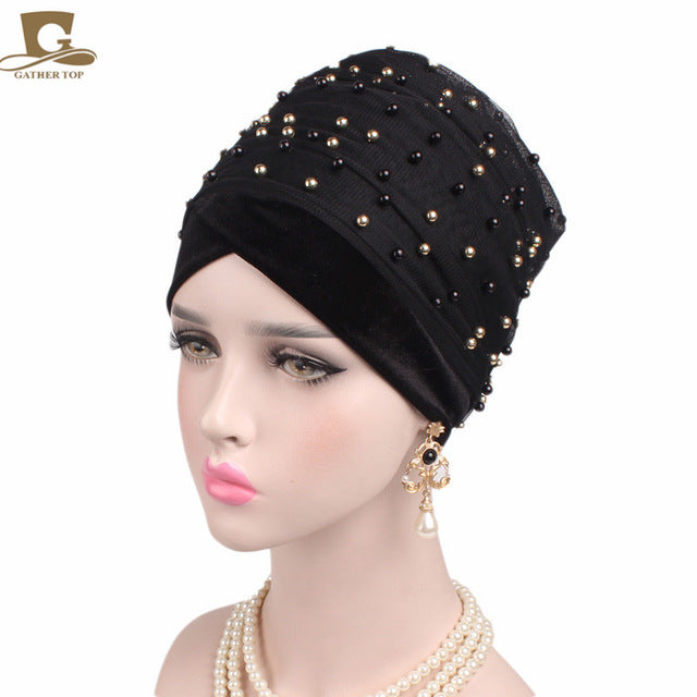 2017 New Women Luxury Gold Beaded velvet  Mesh Long Head Wrap Turban Hijab Long Tube Head Scarf Tie Headscarf Ladies Turbante