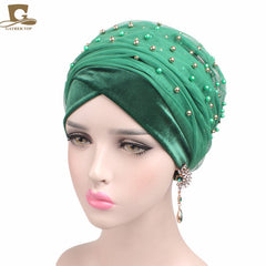 2017 New Women Luxury Gold Beaded velvet  Mesh Long Head Wrap Turban Hijab Long Tube Head Scarf Tie Headscarf Ladies Turbante